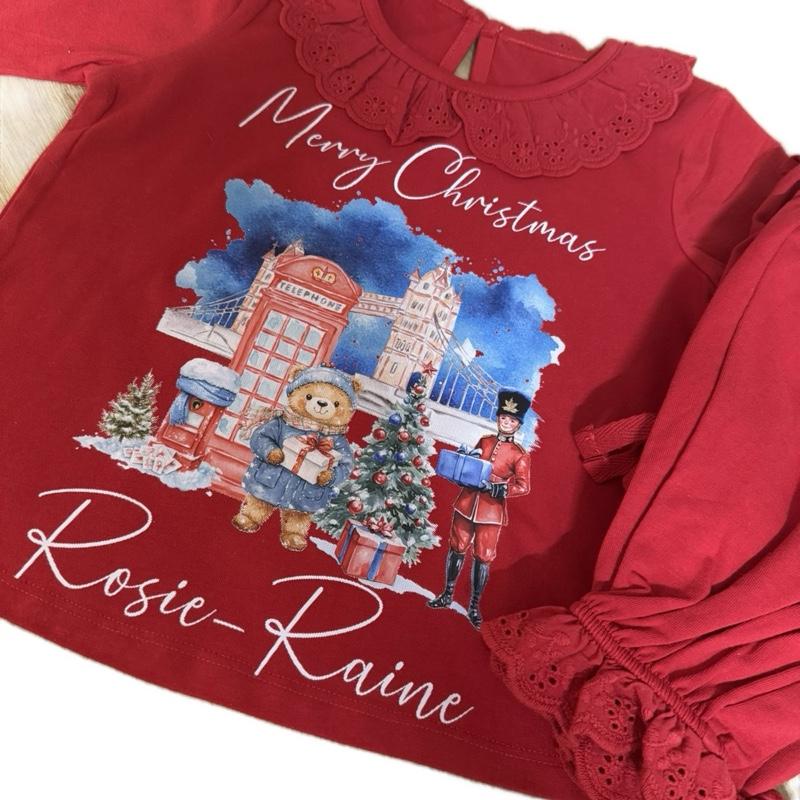 Girls children’s Red Christmas pyjamas London bear themed personalised