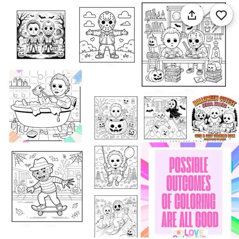 Funny horror colouring books 3 to choose from cute serial killer, spooky stoner and Halloween stoner