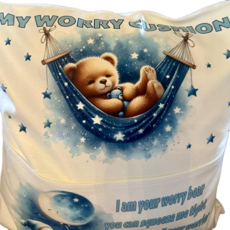 Personalised blue worry bear pocket cushion, pillow. Option to add on insert and teddy