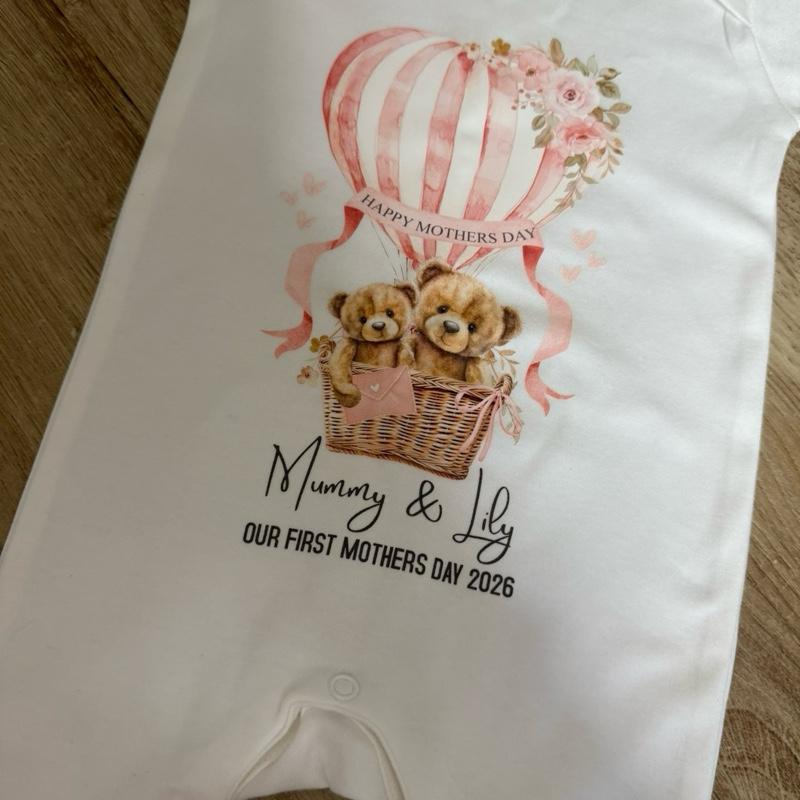 First Mother's Day Personalised Baby Grow Baby Romper with Teddy Bears Design Can Be Customised with Any Names