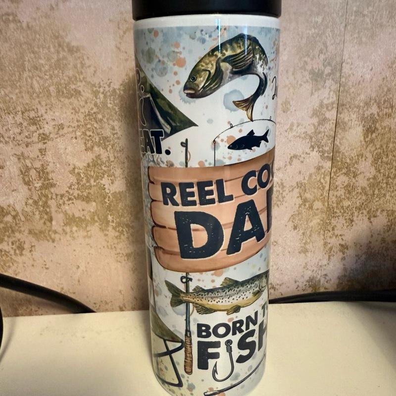 Reel Cool Dad 20oz Double Walled Insulated Tumbler for Hot and Cold Drinks with Flip Up Lid Perfect Father's Day Gift for Any Dad who Loves Fishing