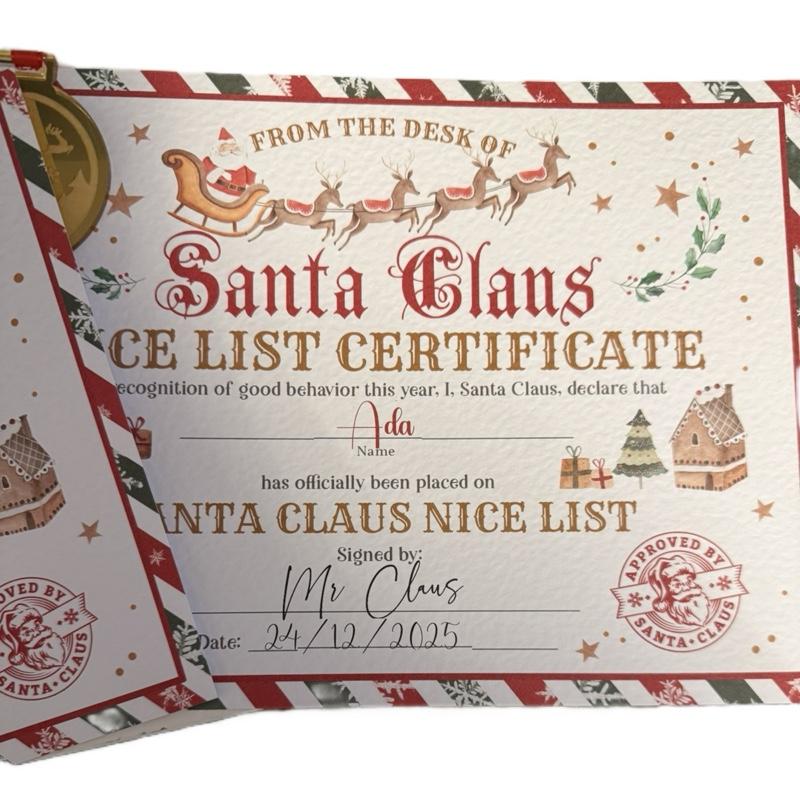 Santa Claus Nice List Certificate Personalised Printed on Thick Textured Quality Paper with Gold Medal Christmas Decoration