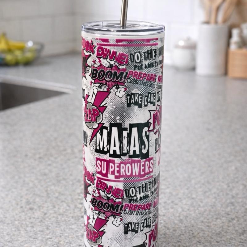 Perfect 20oz Insulated Double Walled Tumbler for Mother’s Day Hot & Cold Drinks with Lid and Straw Pop Art Design pink, white and black