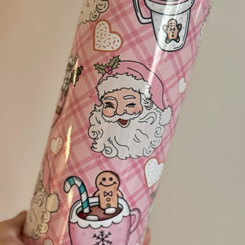 Pink Santa Themed 20oz Tumbler with Flat Lid and Straw - Festive Design for Christmas Drinks Drinkware Flasks Insulated Portable Water Bottles Mug Bottled
