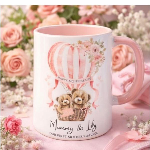 1st Mother’s Day 11oz personalised mug with cute teddies and hot air balloon