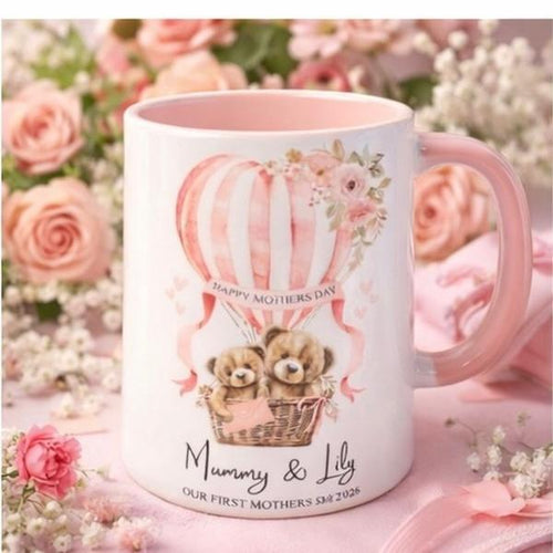 1st Mother’s Day 11oz personalised mug with cute teddies and hot air balloon