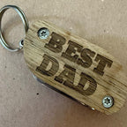 Engraved Best Dad Wooden Keychain keyring with Multi-Tool Features and torch  Ideal for Father's Day Gifts, best dad can be changed to something else. 5 multi tools and a torch. Perfect gift, comes with nail file, and bottle openers and a torch inside