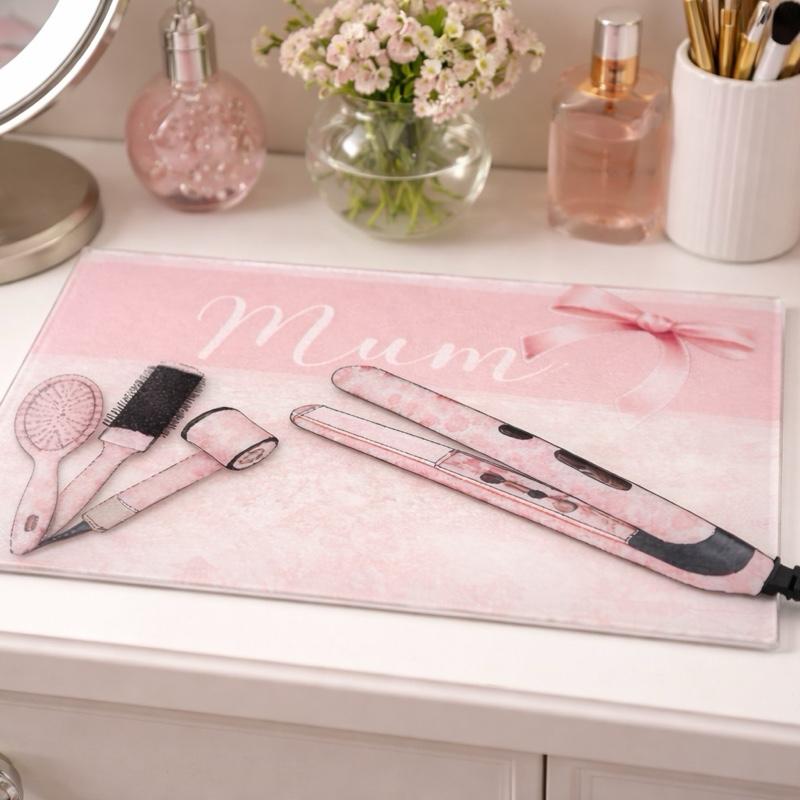 Personalised (mum can be changed) Hair straightener/hair appliances hot plate perfect for dressing tables to stop heat damage-made of glass