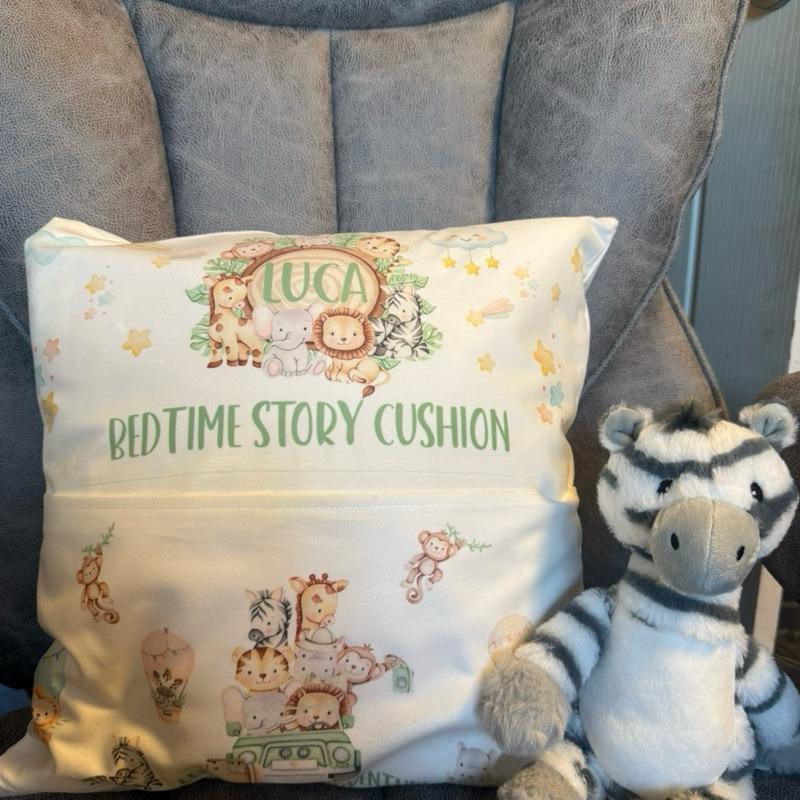 Personalised Bed time story let’s go on an adventure pocket cushion. Safari cushion, nursery cushion, pillow