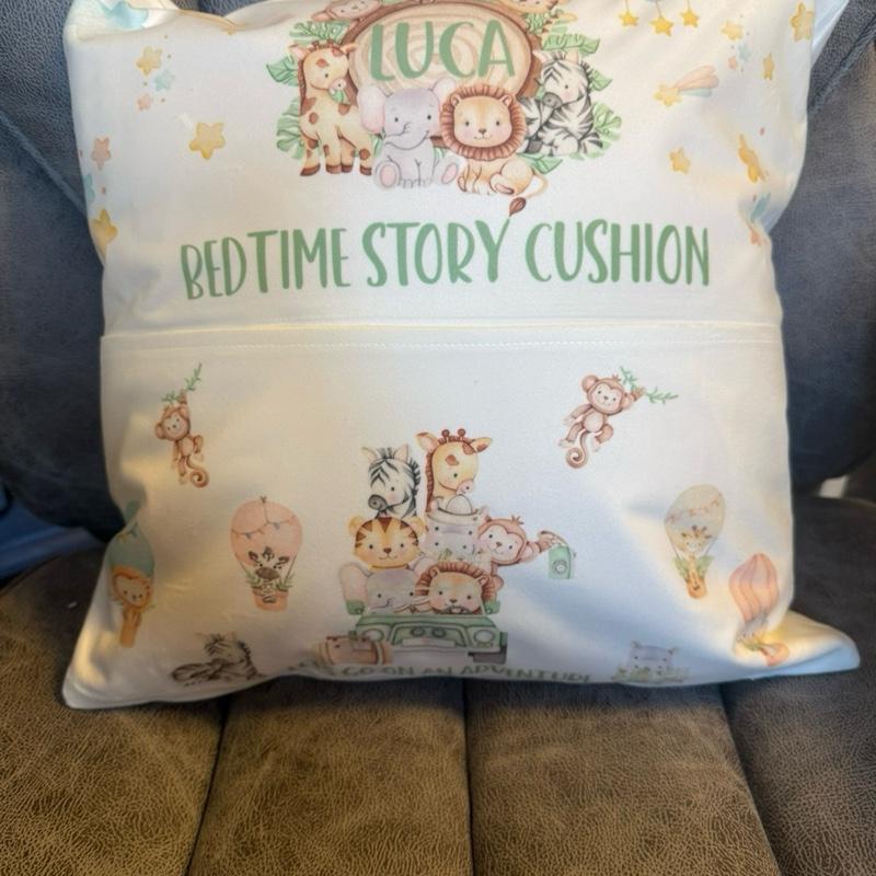 Personalised Bed time story let’s go on an adventure pocket cushion. Safari cushion, nursery cushion, pillow