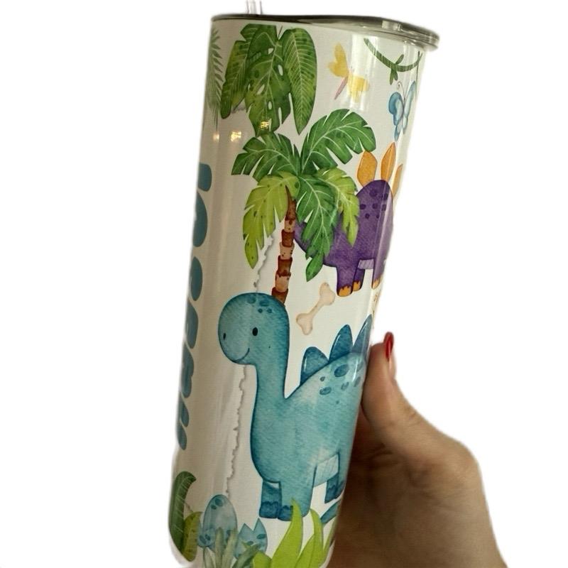 Personalised dinosaur themed 20oz tumbler with lid and straw