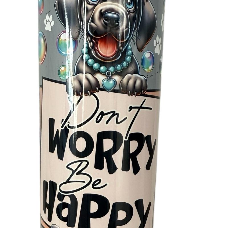 Don't Worry Be Happy Dog 20oz Tumbler for Hot and Cold Drinks with Lid and Straw British English Edition iced coffee