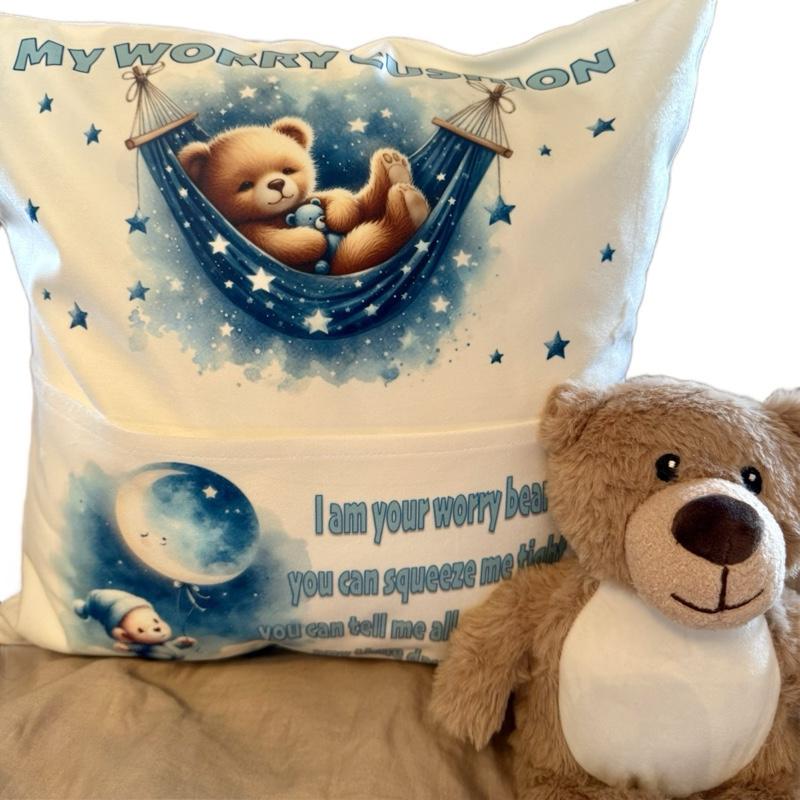 Personalised blue worry bear pocket cushion, pillow. Option to add on insert and teddy
