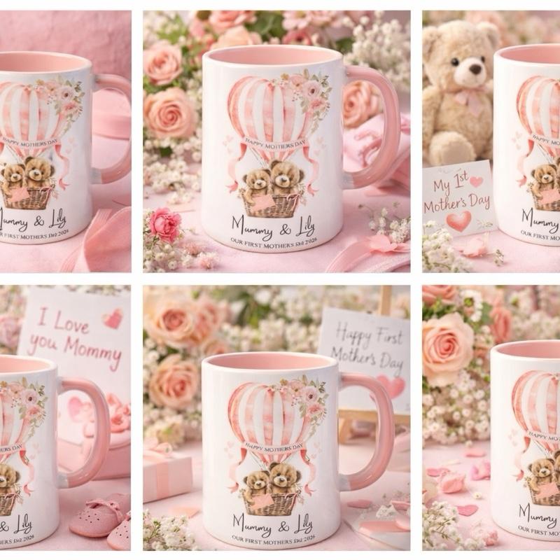 1st Mother’s Day 11oz personalised mug with cute teddies and hot air balloon
