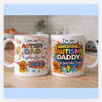 Autism Dad Fighting Battles You Can't See Mug with Red Interior and White Exterior Featuring Bold Text and Star Design, sen children parents, 11oz ceramic mug, Father’s Day gift, gifts for dads Drinkware Cup Reusable Washable Reuse Coffee