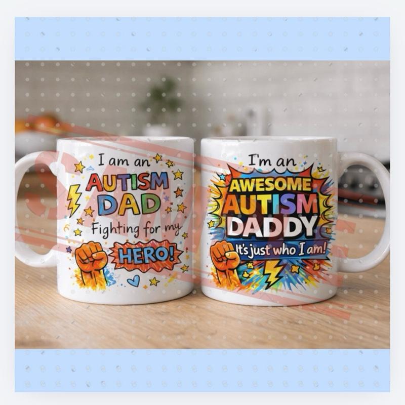 Autism Dad Fighting Battles You Can't See Mug with Red Interior and White Exterior Featuring Bold Text and Star Design, sen children parents, 11oz ceramic mug, Father’s Day gift, gifts for dads Drinkware Cup Reusable Washable Reuse Coffee
