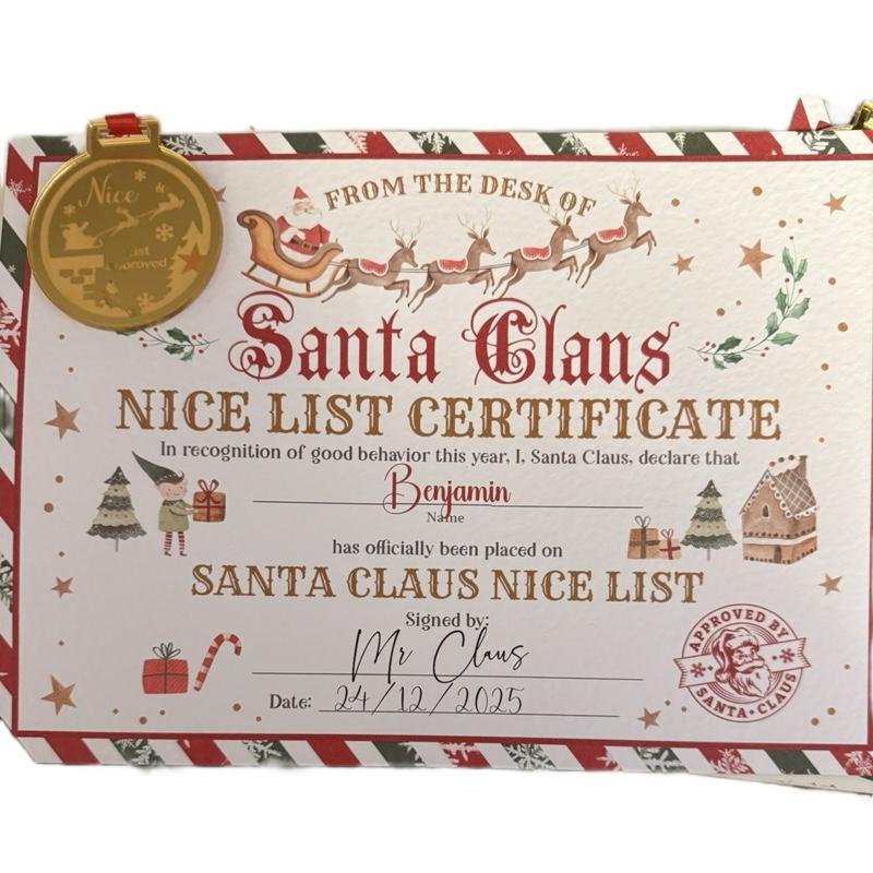 Santa Claus Nice List Certificate Personalised Printed on Thick Textured Quality Paper with Gold Medal Christmas Decoration