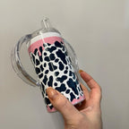 12oz insulated double walled sippy cup/tumbler for hot and cold drinks. With handles, 2 lids one sippy lid and one lid to use with straw that’s also included