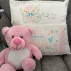 Cute personalised butterfly pocket book cushion. Children’s reading cushion. Cute nursery cushion