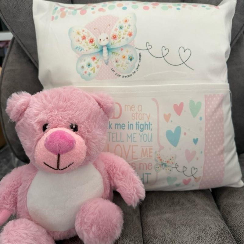 Cute personalised butterfly pocket book cushion. Children’s reading cushion. Cute nursery cushion