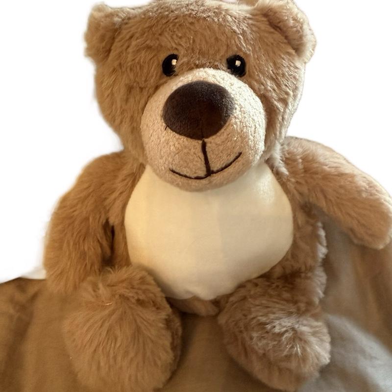 Beige designed personalised worry bear pocket cushion, pillow, with the option to add an insert and a teddy bear which will also be personalised