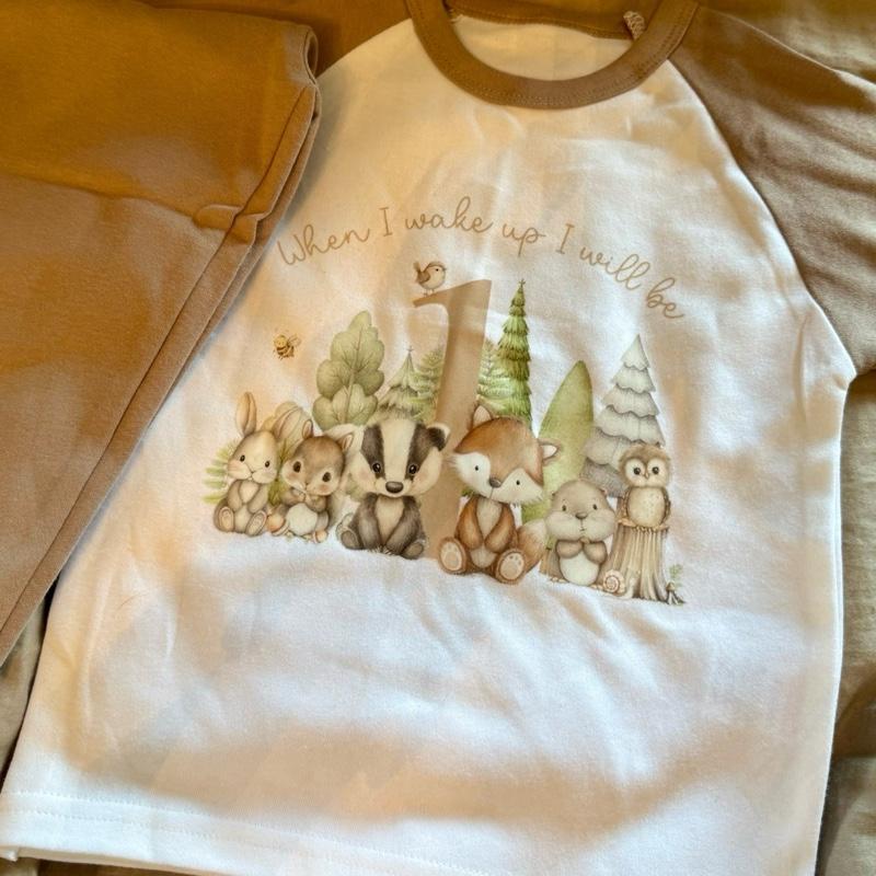 Woodland themed personalised when I wake up birthday pyjamas, cute boys pyjamas, pyjamas with age on. Long sleeves and trousers. Message me or leave a note at checkout with age and name to add on