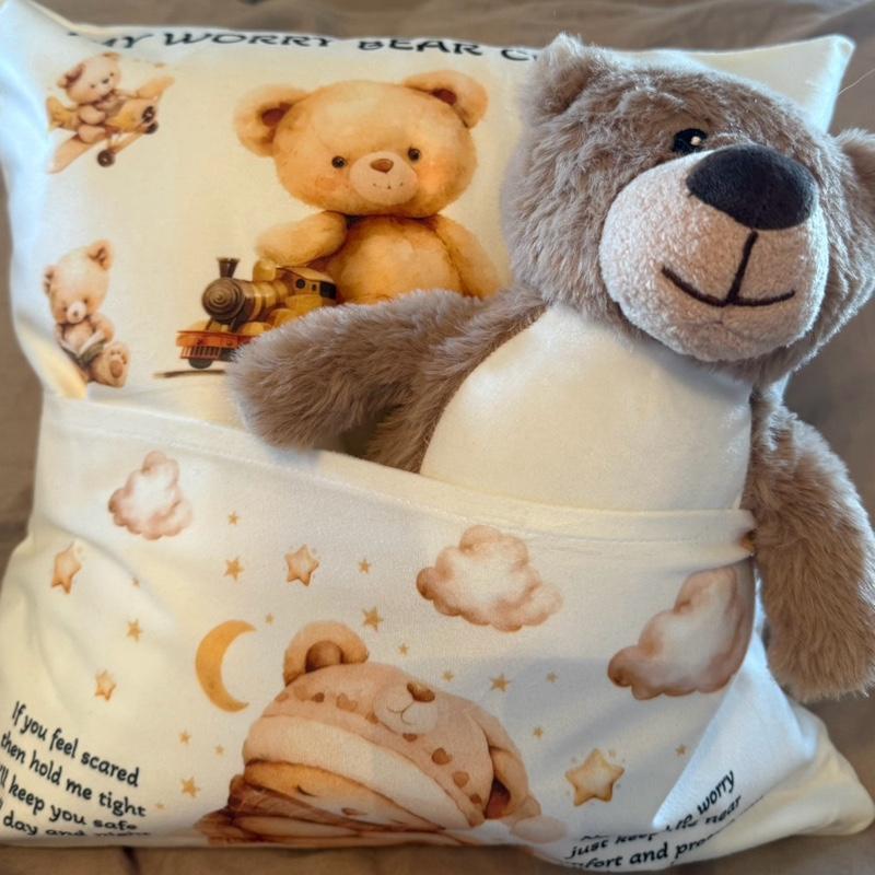 Beige designed personalised worry bear pocket cushion, pillow, with the option to add an insert and a teddy bear which will also be personalised