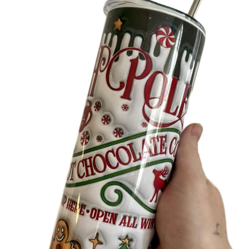 20oz North Pole hot chocolate tumbler with flat lid and straw Drinkware Flasks Beverage Insulation Bottles Water Bottles Portable Mug
