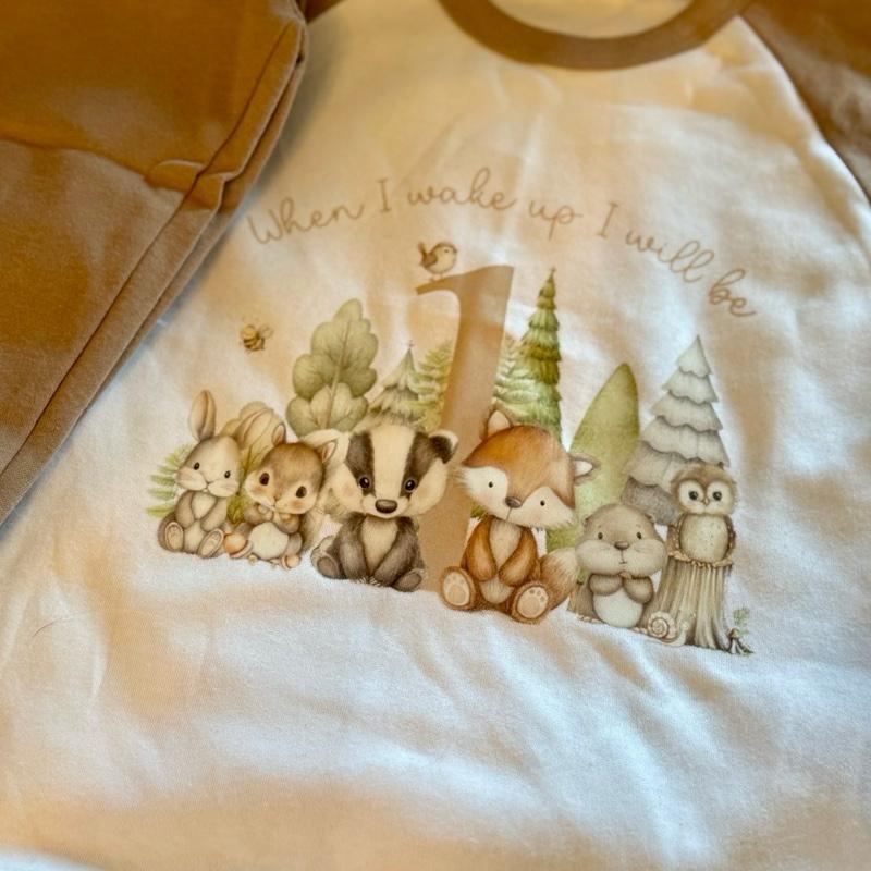Woodland themed personalised when I wake up birthday pyjamas, cute boys pyjamas, pyjamas with age on. Long sleeves and trousers. Message me or leave a note at checkout with age and name to add on
