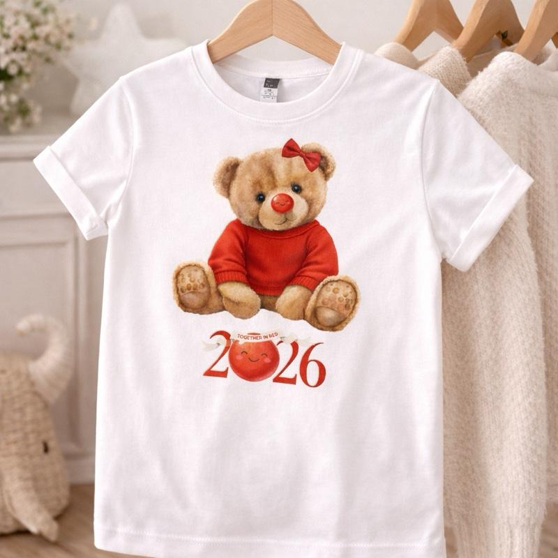 Children’s unisex personalised together in red t-shirt with Teddy bear on. Available in different colours