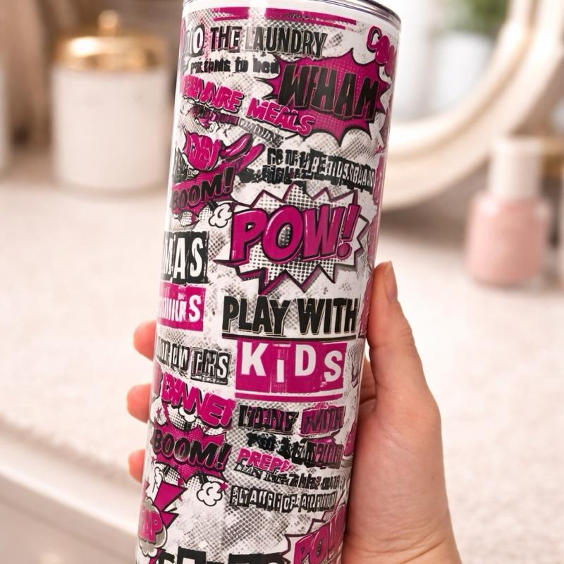 Perfect 20oz Insulated Double Walled Tumbler for Mother’s Day Hot & Cold Drinks with Lid and Straw Pop Art Design pink, white and black