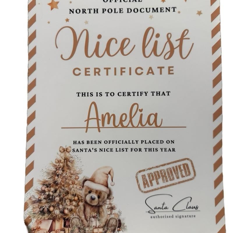 Gold personalised Christmas nice list certificate with Teddy bear on Gift Decor Decoration