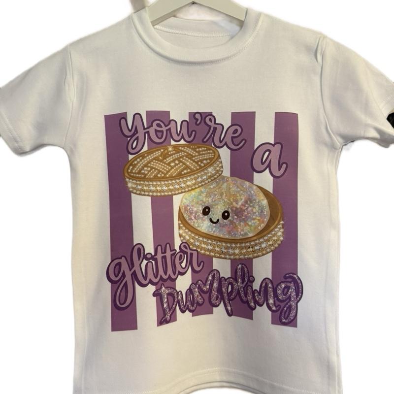 Glitter Dumpling T-Shirt for Children in Various Sizes 100% Cotton Fun Festive Design Perfect for Kids British Style