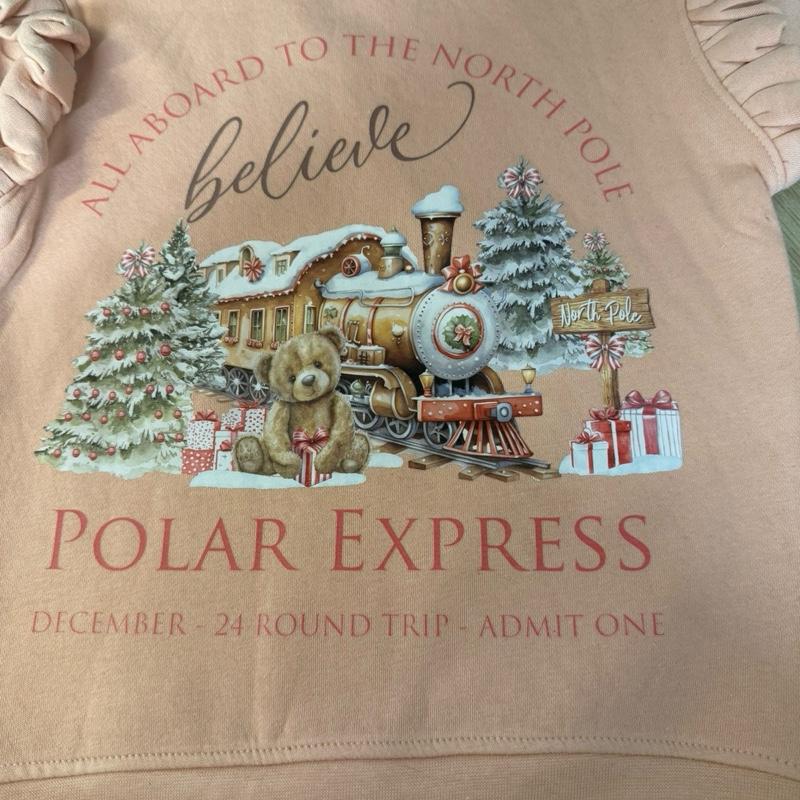 Young girls sweatshirt with frilly arms in a dusty pink with polar express themed