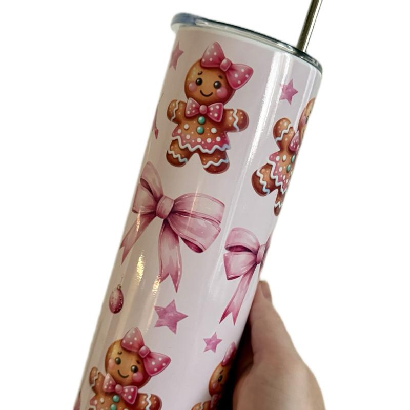 Pink gingerbread double walled insulated tumbler 20oz with flat lid and straw and sippy cup 12oz  Drinkware Bottles Flasks Insulation Mug Bottled Portable
