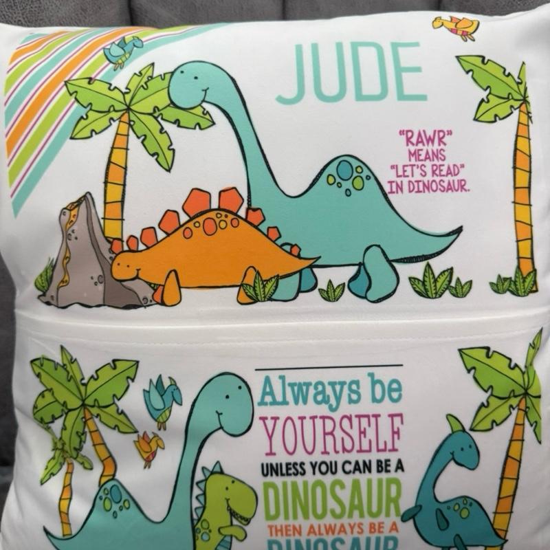 Personalised dinosaur pocket book cushion, personalised childrens cushion, nursery cushion, reading cushion. Leave name on notes at checkout or in a message