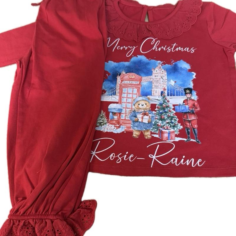 Girls children’s Red Christmas pyjamas London bear themed personalised