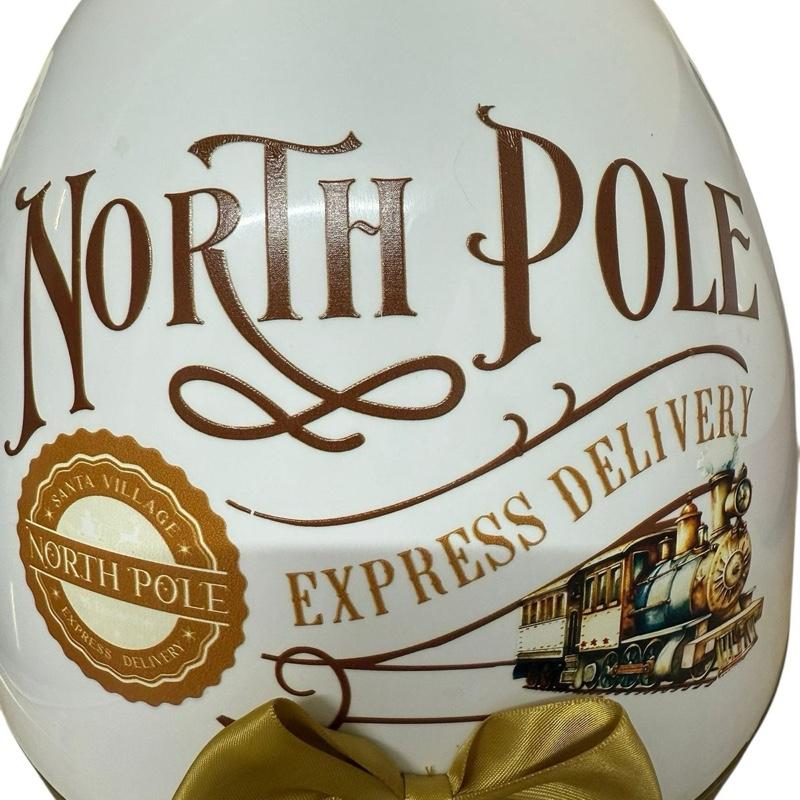 Personalised Gold North Pole 16inch Christmas Fillable Egg with Express Delivery Train Design and Gold Bow
