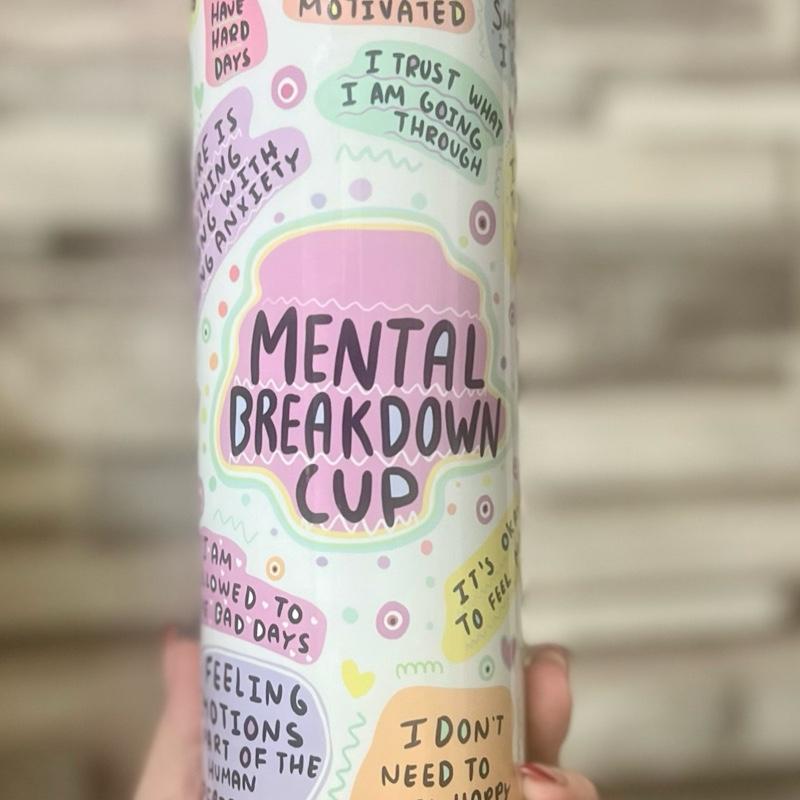 Mental breakdown 20oz double walled insulated tumbler for hot and cold drinks with lid and straw