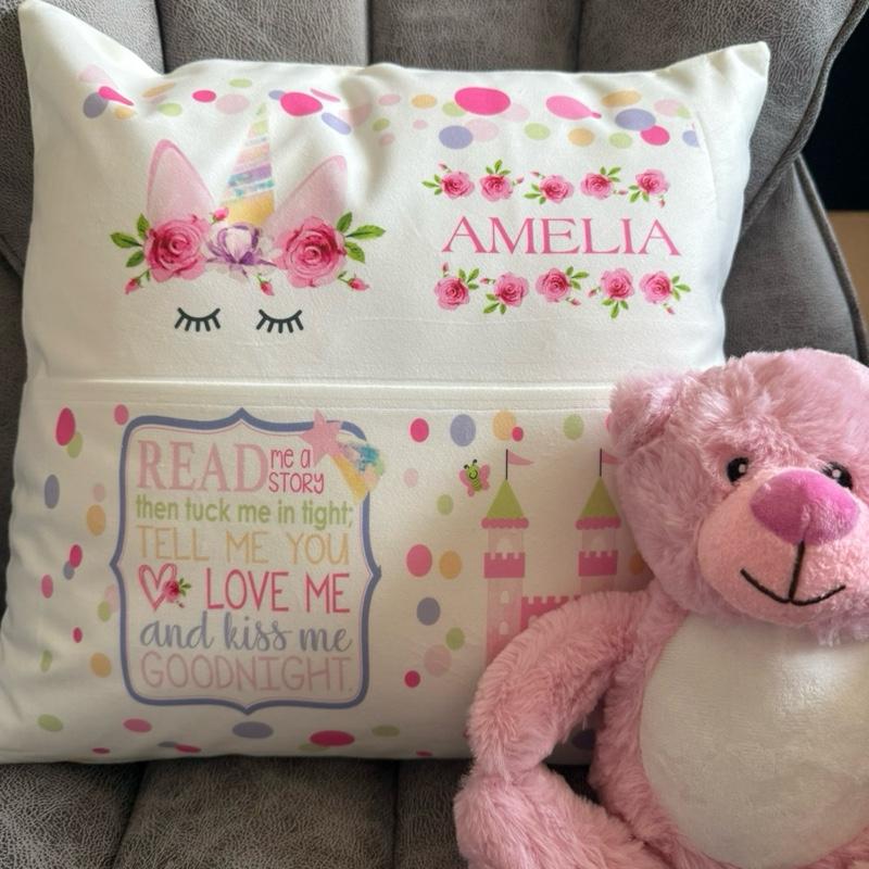Cute personalised unicorn pocket book cushion, nursery cushion, book cushion, reading cushion, leave name on notes at checkoutt or send a message with name