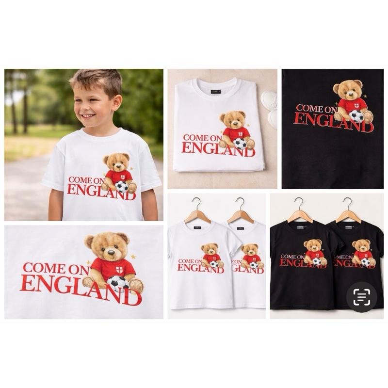 Come on England children’s football t-shirt with cute teddy bear. Football t-shirt to support the 2026 World Cup