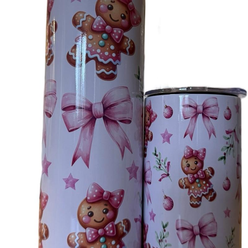 Pink gingerbread double walled insulated tumbler 20oz with flat lid and straw and sippy cup 12oz  Drinkware Bottles Flasks Insulation Mug Bottled Portable