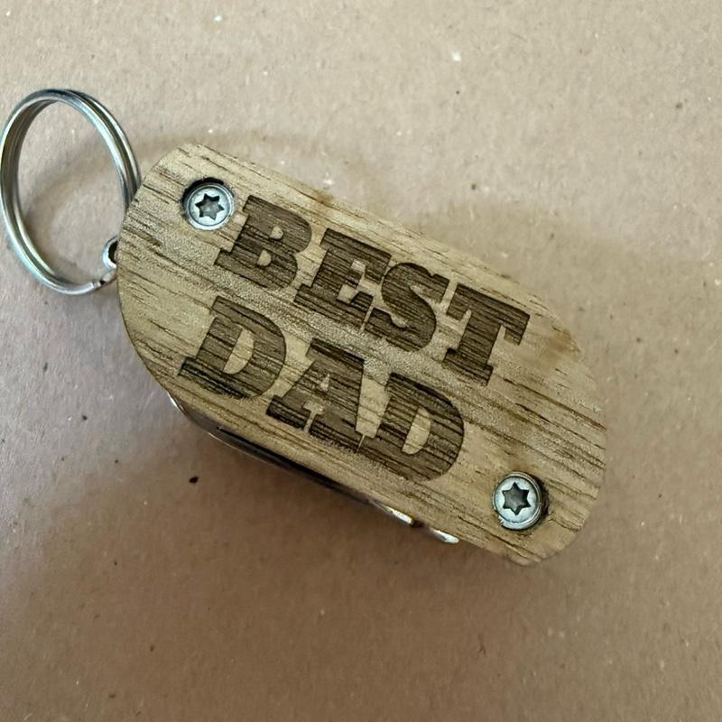 Engraved Best Dad Wooden Keychain keyring with Multi-Tool Features and torch  Ideal for Father's Day Gifts, best dad can be changed to something else. 5 multi tools and a torch. Perfect gift, comes with nail file, and bottle openers and a torch inside
