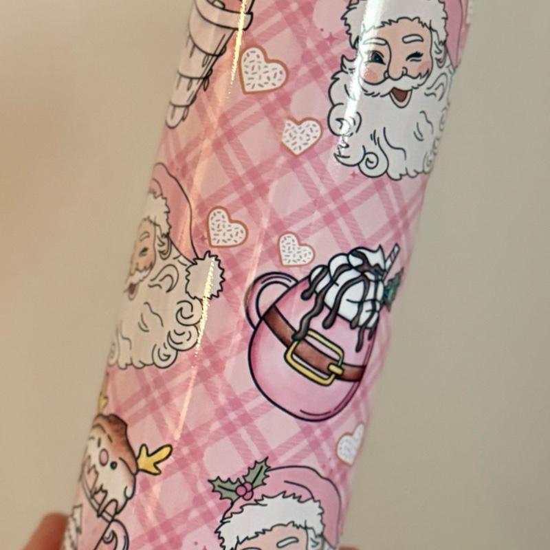 Pink Santa Themed 20oz Tumbler with Flat Lid and Straw - Festive Design for Christmas Drinks Drinkware Flasks Insulated Portable Water Bottles Mug Bottled
