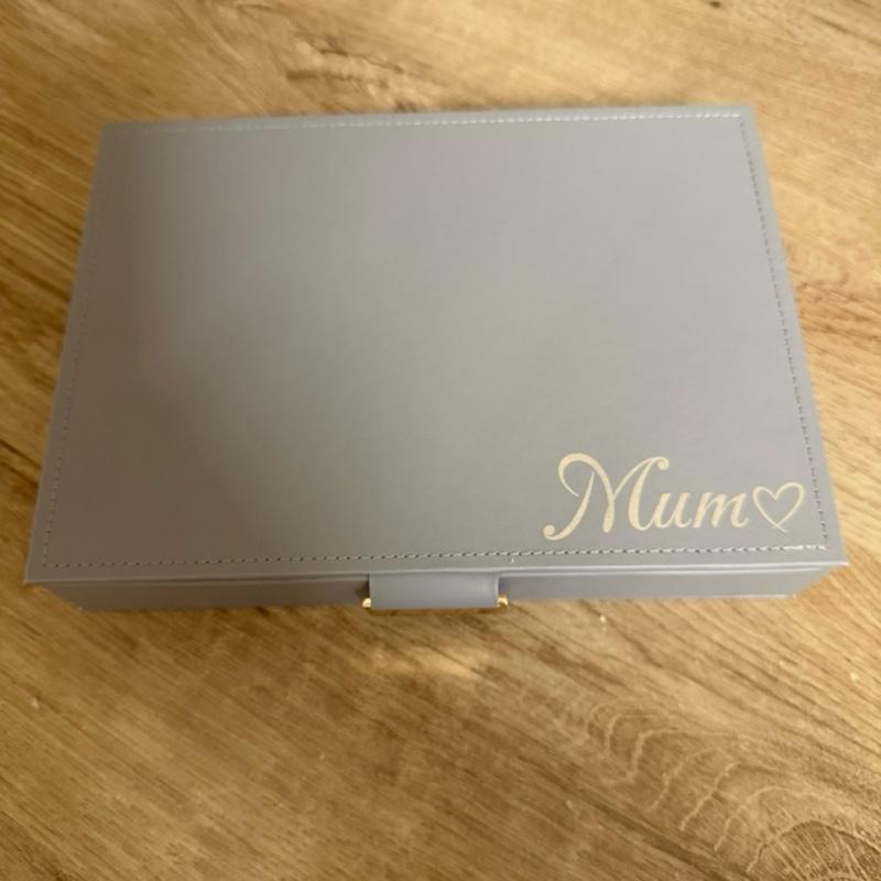 Personalised engraved jewellery box in grey with cream inside lining. Mum can be changed for different spelling or name
