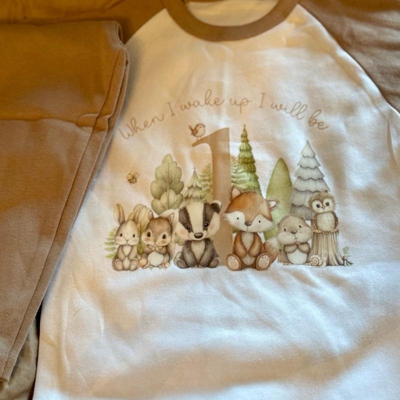 Woodland themed personalised when I wake up birthday pyjamas, cute boys pyjamas, pyjamas with age on. Long sleeves and trousers. Message me or leave a note at checkout with age and name to add on