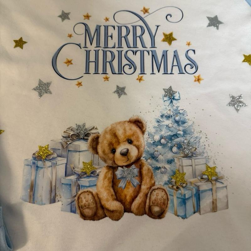 Blue and White Young Boys Christmas Pyjamas with Personalisation Option Featuring a Cute Teddy Bear Design kids