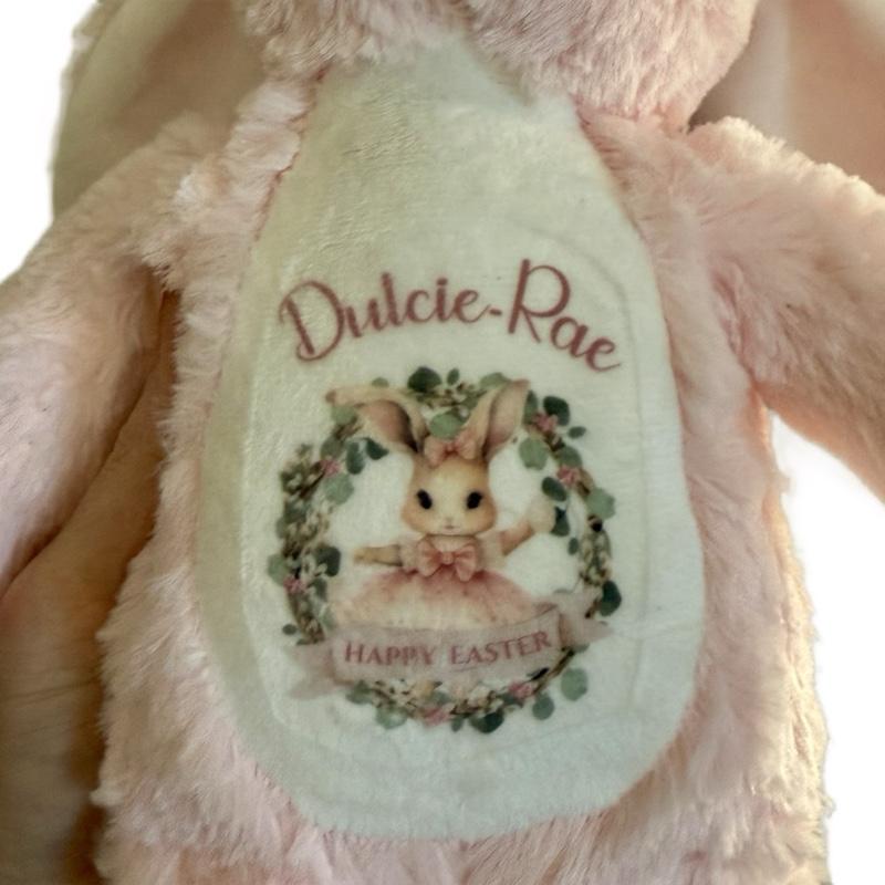 Soft Plush Bunny Personalised with Name and Bunny Picture Added to Stomach Perfect First Easter Gift for Kids