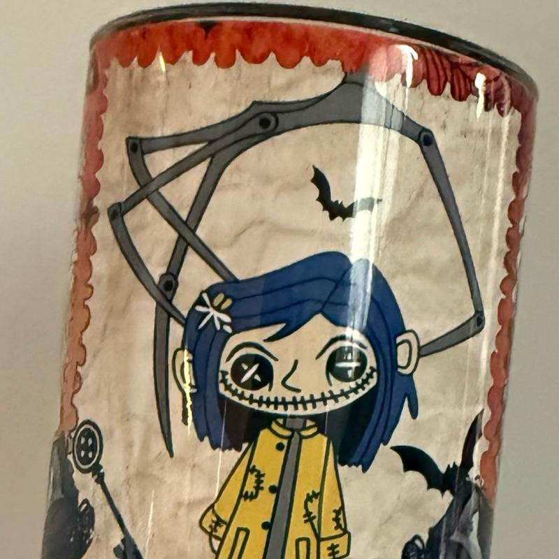 Orange Adult Girl Doll 20oz Tumbler with Halloween Design and Bow Detail-with lid and straw and for hot and cold drinks