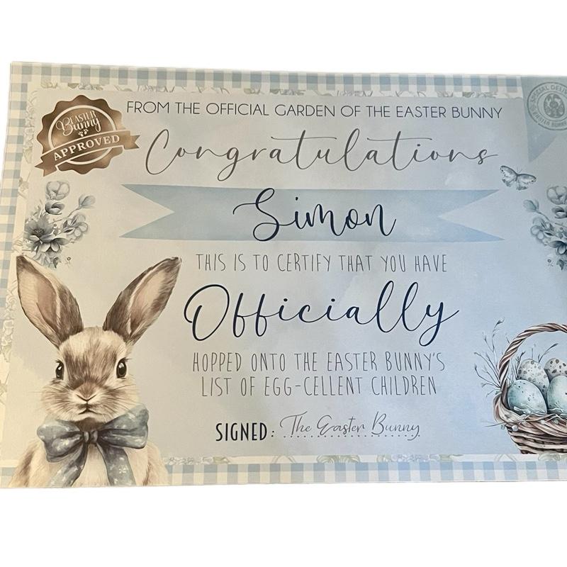 Pink, blue or yellow certificate personalised from the Easter bunny